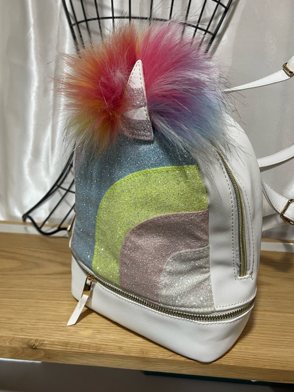 Rainbow Glitter Unicorn Mini Backpack - White with Pastel Accents/Vegan leather